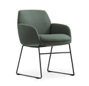 Calypso Sled chair, black base with olive green seat, front angle