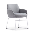 Calypso Sled chair, white base with grey seat, front angle