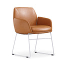 Calypso Sled chair, white base with tan PU seat, front angle